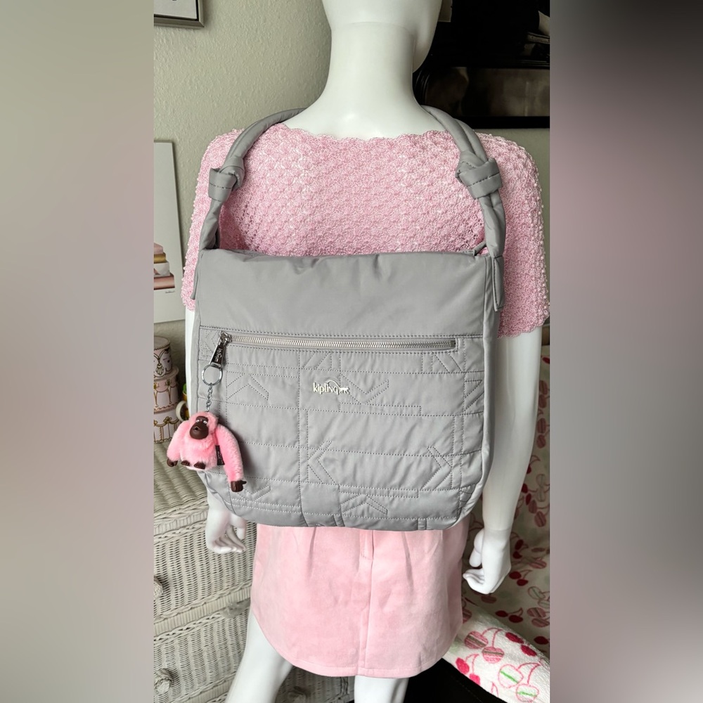 Kipling Ally Quilted Hobo Shoulder Handbag Light Grey 14” x 13” NWOT